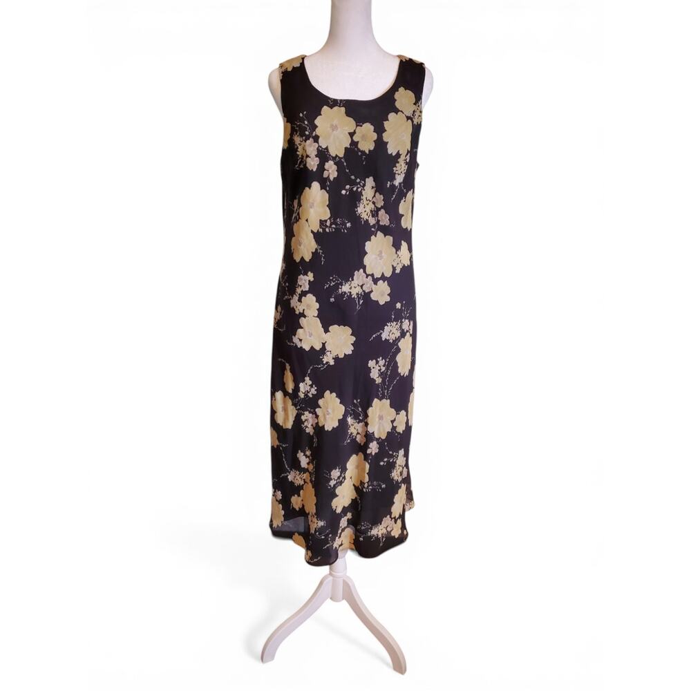 Vintage 90s Y2K Black Pastel Yellow Sleeveless A Line Midi Dress Tailored Grunge